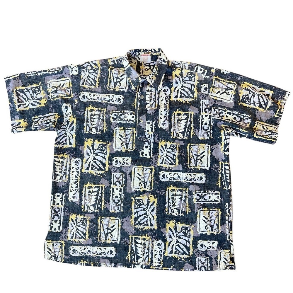Go Barefoot Hawaiian Shirt‎ Mens XL Black Yellow Palm Block Print Pullover USA